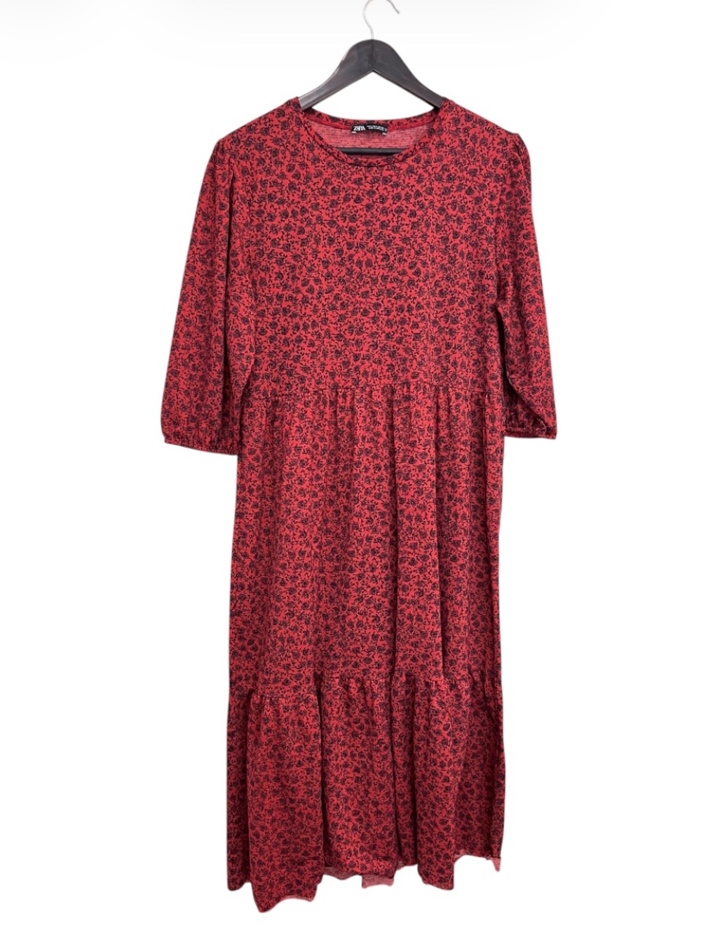 Zara Red Ditsy Floral Tiered Midi Dress
